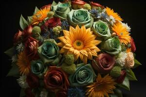 Beautiful bridal bouquet of different flowers on a dark background. ai generative photo