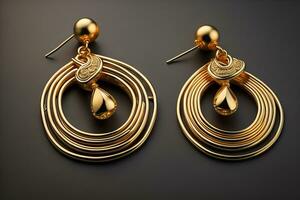 Earrings made of gold on a solid color background close up. ai generative photo