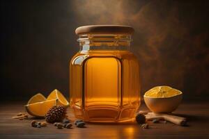 Honey in a glass jar on a wooden background. Copy space. generative ai photo