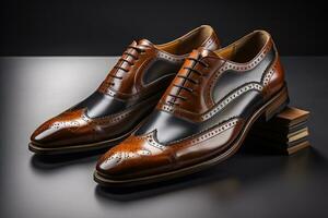 Men's shoes on a solid colour background. Studio shot. ai generative photo