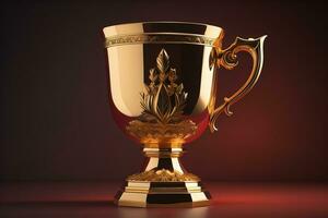 Golden trophy cup on wooden table. Award concept. ai generative photo