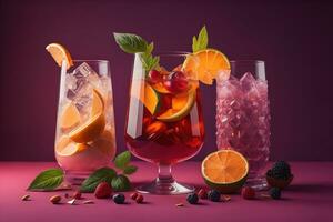 Glasses of sangria with fruits and berries on solid color background. ai generative photo