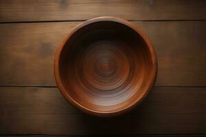 Empty wooden bowl on wooden background. Top view. Copy space. ai generative photo