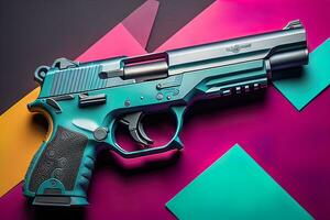 Semi-automatic handgun on a solid color background. Close-up. ai generative photo