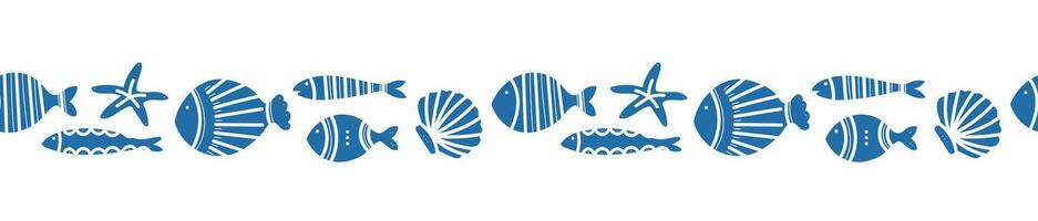 Seamless banner of ornamental fish.Tiling fish pattern border. Hand drawn marine illustrations of fish and sea elements. Summer sea beach style vector