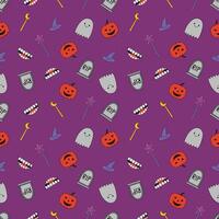 Seamless pattern of a Cute Halloween theme with pumpkin, ghost, Magic wand, Wizard wand, tombstone, Smile on Purple background, Vector for fabric, wrapping, wallpaper, textile