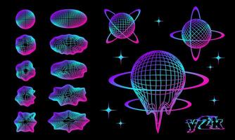 Retro wireframes set, collection of 2000s y2k nostalgic elements, futuristic forms and polygonal distorted models. vector