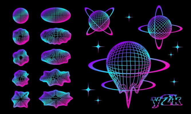 Retro wireframes set, collection of 2000s y2k nostalgic elements, futuristic forms and polygonal distorted models.