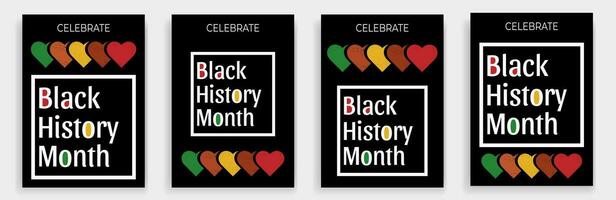 Black History Month posters with line decoration, bright colors, hearts and text on a black background. vector