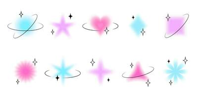 Set of vector blurry figures and shapes with retro Y2K frames with stars and square technological borders.