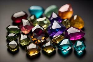 Colorful gemstones on black wooden table, close-up. ai generative photo