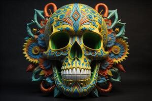 Mexican sugar skull with colorful pattern on black background. generative ai photo