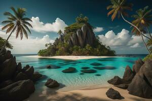 Tropical island with palm trees and sand beach. ai generative photo