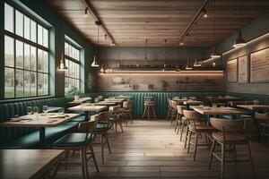 interior de un moderno café con verde paredes, de madera piso y filas de mesas con sillas. generativo ai foto