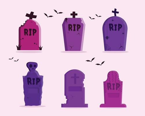 set of vector gravestones with RIP text, halloween theme, concept flat design