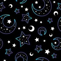 Mystical bright neon pattern with moon and stars vector