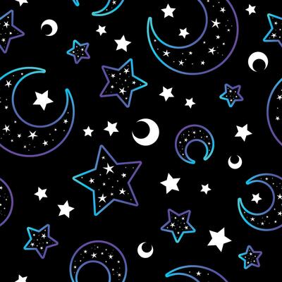Mystical bright neon pattern with moon and stars