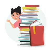 Literature day illustration with a girl standing behind the books and greeting. vector