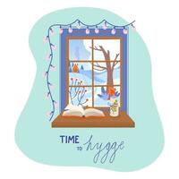 Winter window with rural view, book and candle. Cozy home concept, time to hygge. Lifestyle vector illustration.