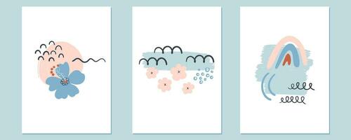 Boho aesthetic compositions. Set of creative minimalistic abstract posters. Hand drawn vector illustrations with flowers, rainbow and decorative elements. For card, poster, cover design.