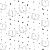Seamless pattern open books and letters. In cartoon style.For wallpaper, textile, wrapping paper background, science. Books in doodle style, minimalism, monochrome, sketch. Vector illustration
