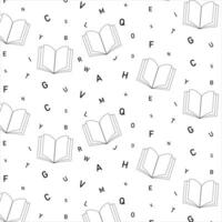 Seamless pattern open books and letters. In cartoon style.For wallpaper, textile, wrapping paper background, science. Books in doodle style, minimalism, monochrome, sketch. Vector illustration