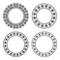 Set of circle outline round flower pattern frames for colouring book page, doodle ornament in black and white, hand draw vector illustration.