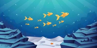 Deep ocean with goldfishes, stars, snow ground water bubbles vector illustration