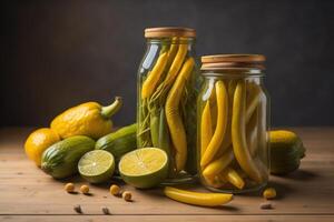 Pickled vegetables in glass jars on a wooden background. Toned. generative ai photo