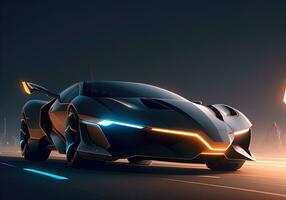 Futuristic black sports car in neon light. ai generative photo