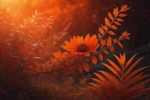 Beautiful orange flowers in the autumn forest at sunset. photo