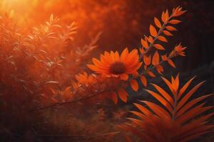 Beautiful orange flowers in the autumn forest at sunset. generative ai photo