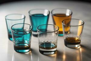 Glasses of whiskey on a wooden table in a pub or restaurant. ai generative photo