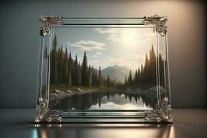 Glass picture frame on a solid color background. ai generative photo