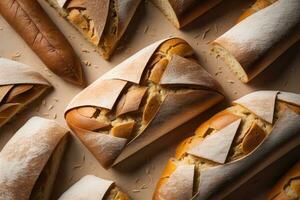 Freshly baked sweet buns on a red background. Toned. ai generative photo