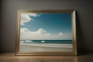 Glass picture frame on a solid color background. ai generative photo