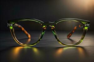 Stylish glasses on wooden table. Fashionable eyeglasses. ai generative photo