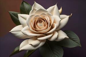 White rose with green leaves on a solid color background, top view. ai generative photo