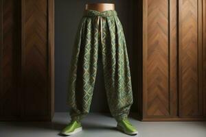 Young woman in traditional thai costume standing on the floor against solid color background. ai generative photo