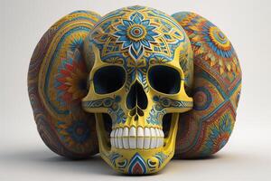 a human skull with colorful patterns on the skin. photo
