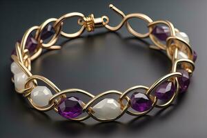 Jewelry Bracelet with precious stones on a gray background. Studio shot. ai generative photo