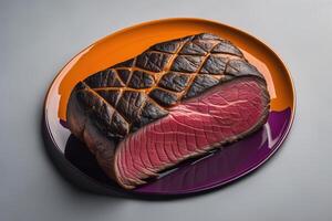Sliced roast beef on a plate on a gray background. photo