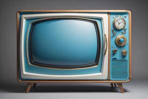 Retro blue vintage television on gray background. photo