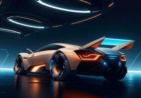 Futuristic black sports car in neon light. ai generative photo