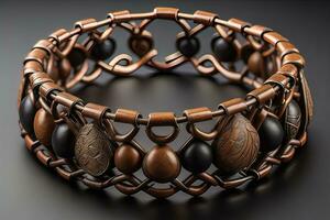 Jewelry Bracelet with precious stones on a gray background. Studio shot. ai generative photo