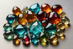 Colorful gemstones on black wooden table, close-up. ai generative photo