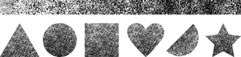 gritty scatter texture shapes. Abstract black and white dirt pattern. Grain gradient triangle, square, heart. half circle, star and elongated rectangle. vector