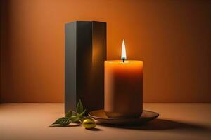 Creative burning candle on a wooden background. ai generative photo