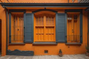 vistoso ventana con persianas en el colonial ciudad. generativo ai foto