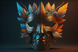 Venetian carnival mask with golden ornament on a solid color background. ai generative photo